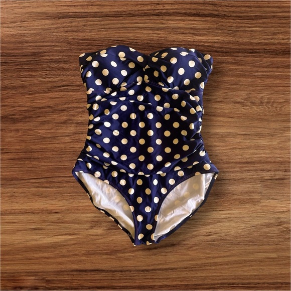 Boden One Piece Swimsuit Bathing Suit Polka Dot Blue White Size 12 Missing Strap - Picture 4 of 16